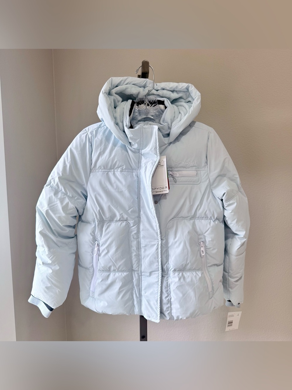 NWT Spyder Girls Hooded Puffer Winter Jacket Ash Blue Size S 7/8